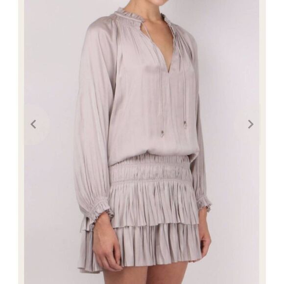 ULLA JOHNSON Piera Pleated Ruffled Matte Satin Drop Waist mink color  Dress  sz - Picture 1 of 4